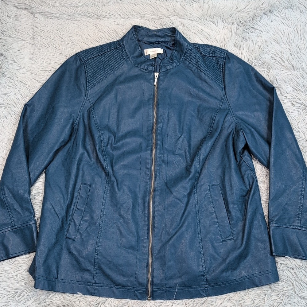 CJ Banks Jacket Womens 1X Blue Faux Leather‎ Coat Zip Up Softshell Comfort